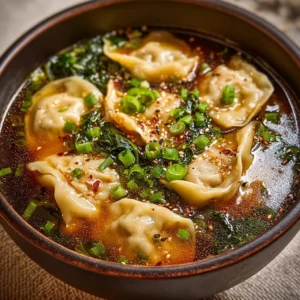 Bowl of flavorful Potsticker Soup with dumplings and green onions