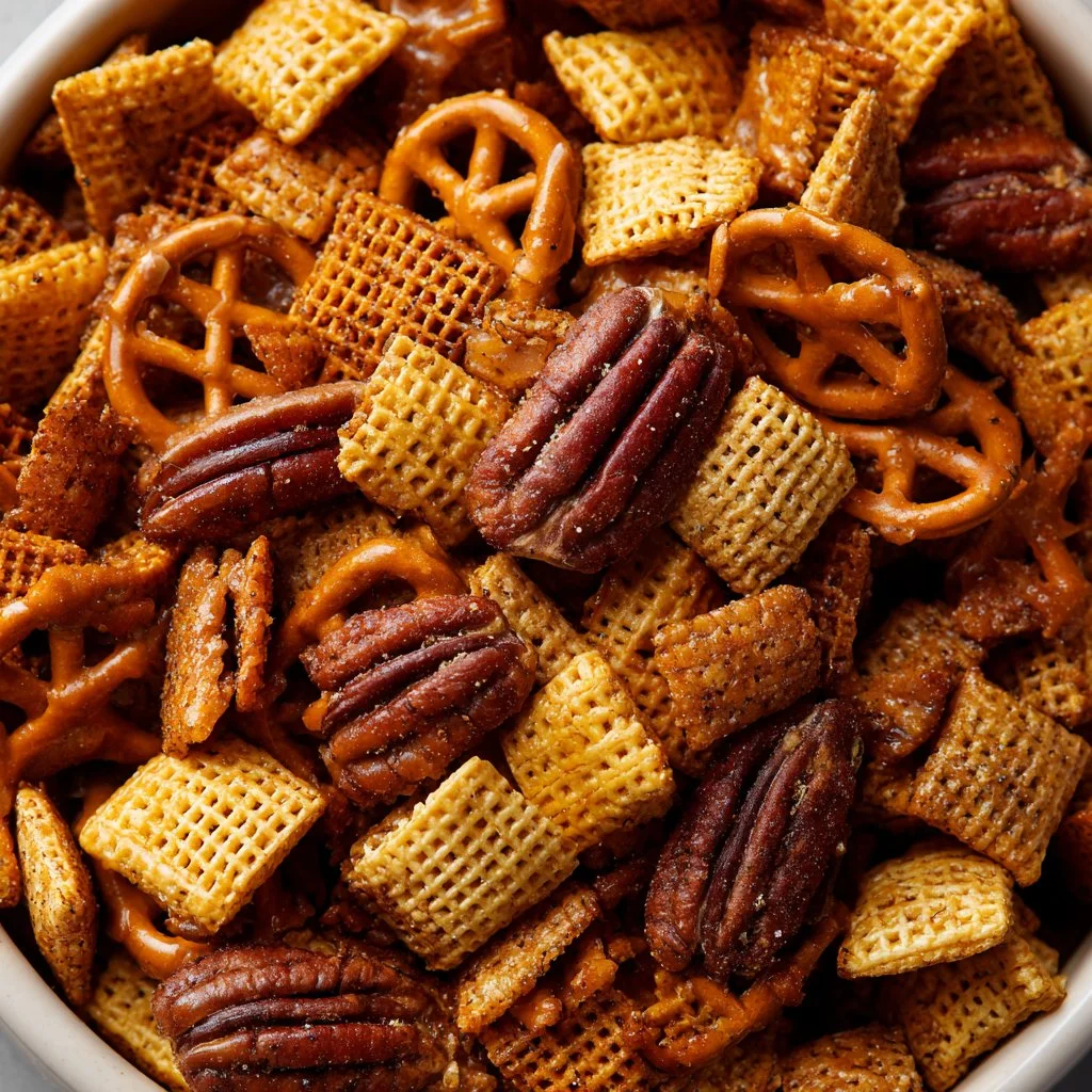 Delicious Pumpkin Spice Caramel Chex Mix in a bowl, perfect fall snack