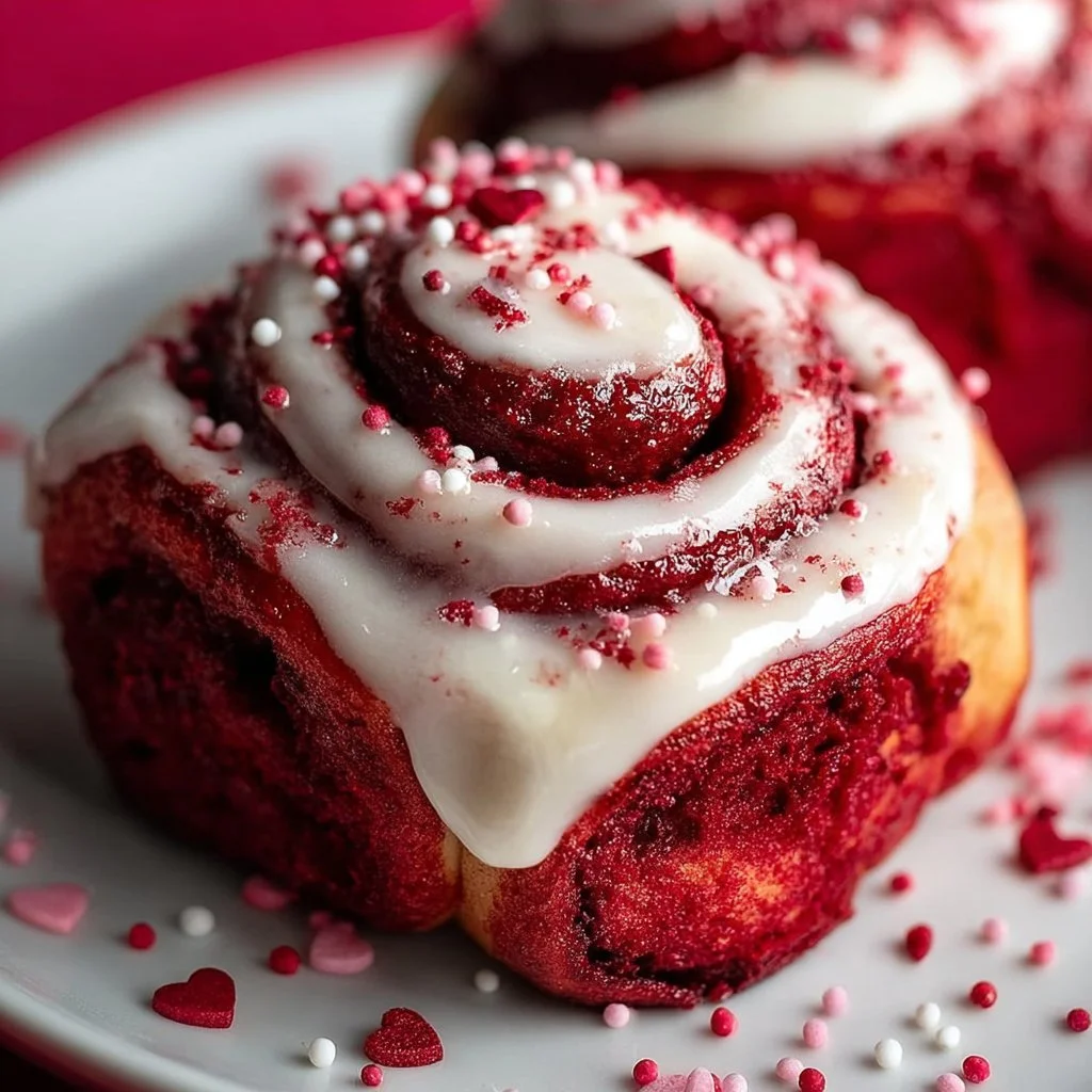 Delicious red velvet Valentine's Day cinnamon rolls with cream cheese frosting