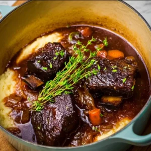 Red wine braised short ribs in a Dutch oven, served on a wooden table.
