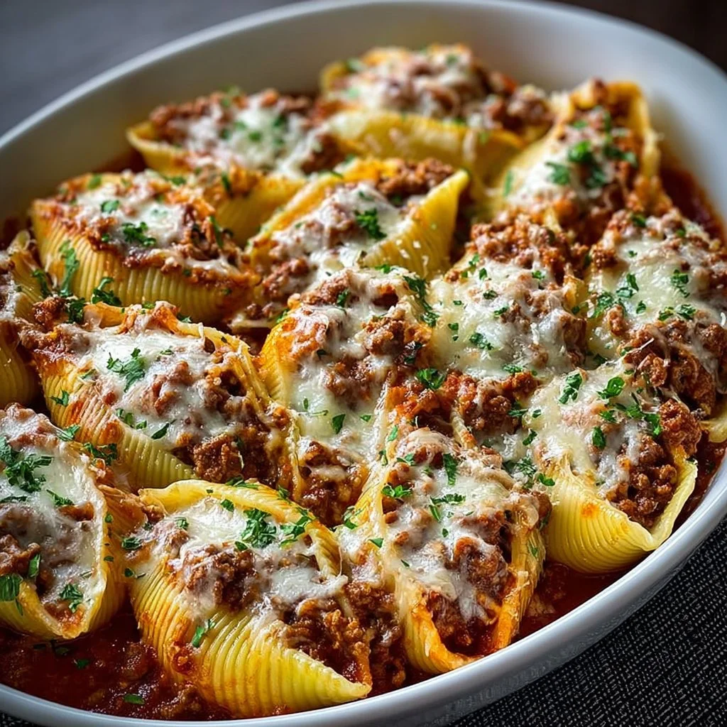 Plate of ricotta beef stuffed shells topped with marinara sauce and herbs