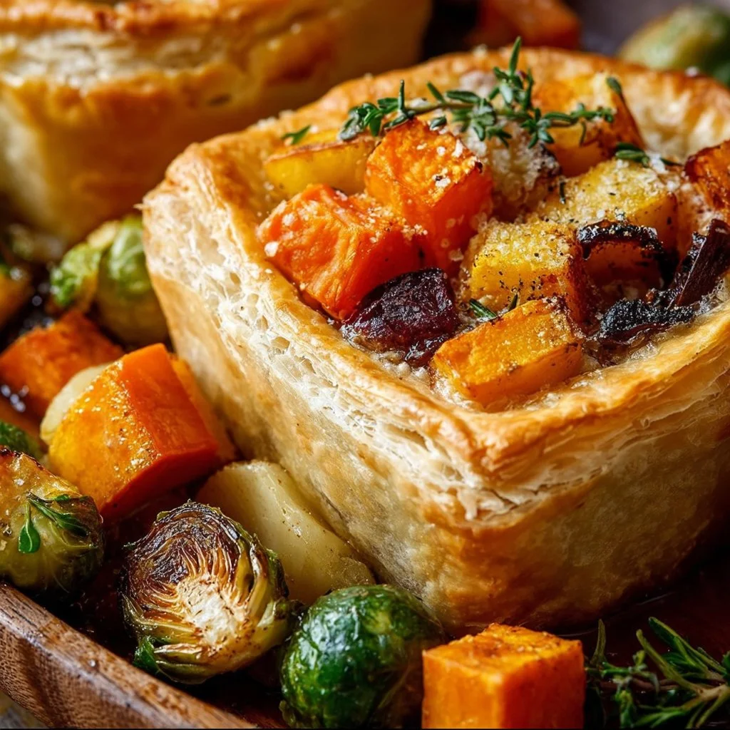 Roasted Autumn Vegetable Pot Pie with colorful veggies and golden crust