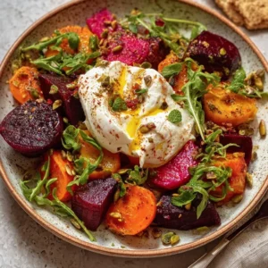 Roasted beet and carrot salad topped with creamy burrata cheese