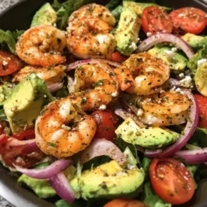 Delicious shrimp and avocado spring salad served in a bowl.