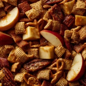 Delicious Slow Cooker Caramel Apple Pie Chex Mix in a serving bowl.