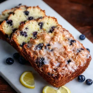 Slice of sourdough blueberry lemon quick bread on a wooden cutting board