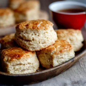 Freshly baked sourdough discard biscuits on a wooden table