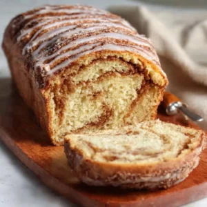 Freshly baked sourdough discard cinnamon bread on a cooling rack