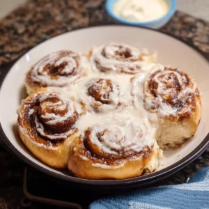Freshly baked sourdough discard cinnamon rolls with icing on top