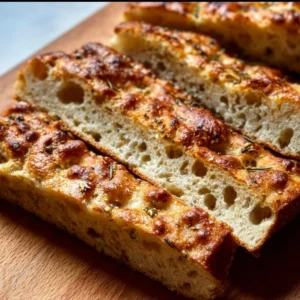 Freshly baked sourdough focaccia with herbs and olive oil on a wooden table.