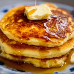 Fluffy sourdough pancakes made with sourdough discard on a plate