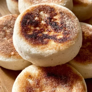 Freshly baked sourdough English muffins on a wooden table