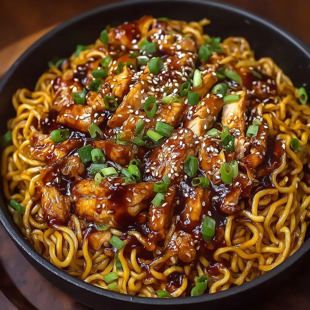 Delicious sticky garlic chicken noodles topped with fresh herbs
