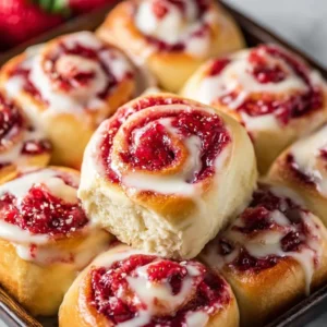 Delicious homemade Strawberry Cheesecake Cinnabon Rolls drizzled with icing.