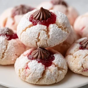 Freshly baked Strawberry Kiss Cookies with chocolate centers and strawberry flavor