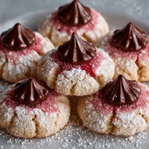 Delicious Strawberry Kiss Cookies topped with chocolate and fresh strawberries