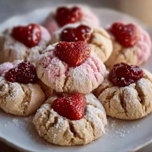 Delicious Strawberry Kiss Cookies with a sweet strawberry topping