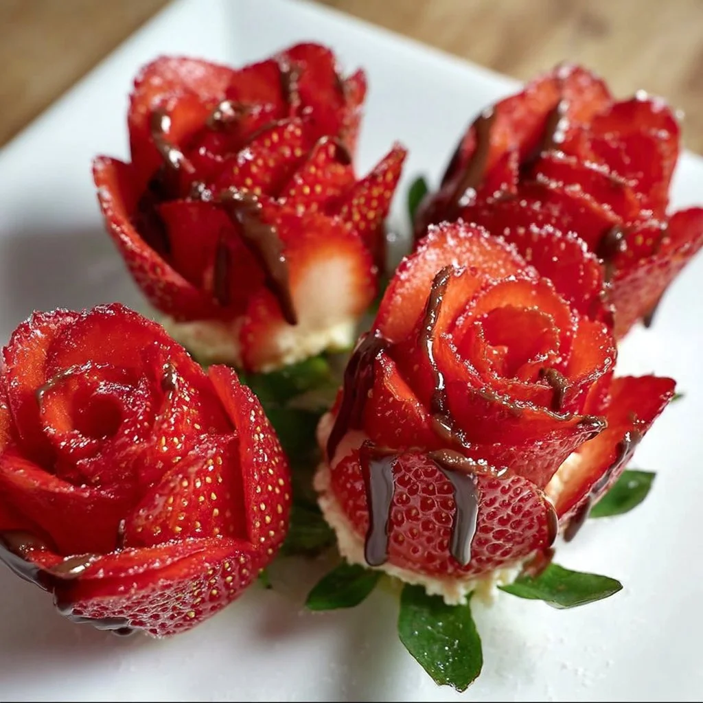 Fresh strawberry roses drizzled with luxurious chocolate sauce