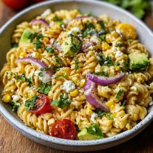 Delicious street corn pasta salad with vibrant ingredients and colorful presentation