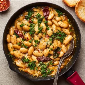 Delicious Tuscan 'Marry Me' Butter Beans served in a rustic bowl.