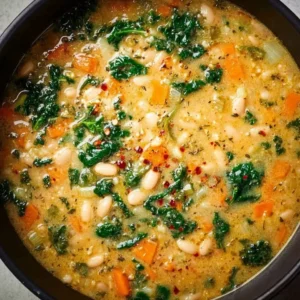Bowl of Tuscan White Bean Soup topped with fresh herbs