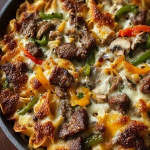 Ultimate Philly Cheese Steak Casserole topped with melted cheese and fresh ingredients.