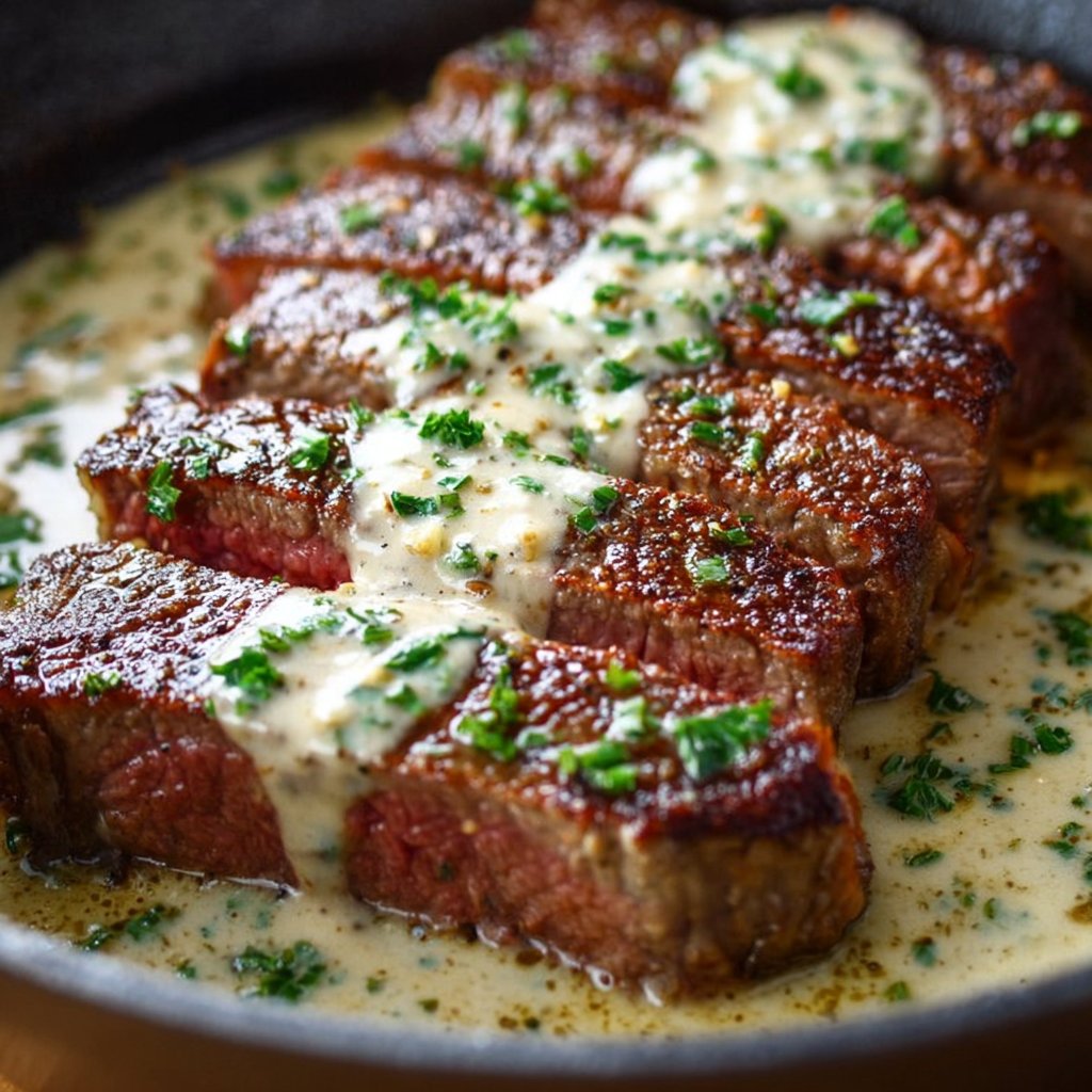 Seared Steak with Garlic Cream Sauce