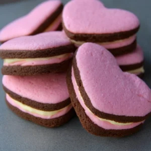 Valentine Sandwich Cookies decorated with heart-shaped icing and sprinkles