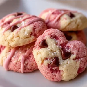 Deliciously decorated Valentine Strawberry Cookies with heart shapes and pink frosting.