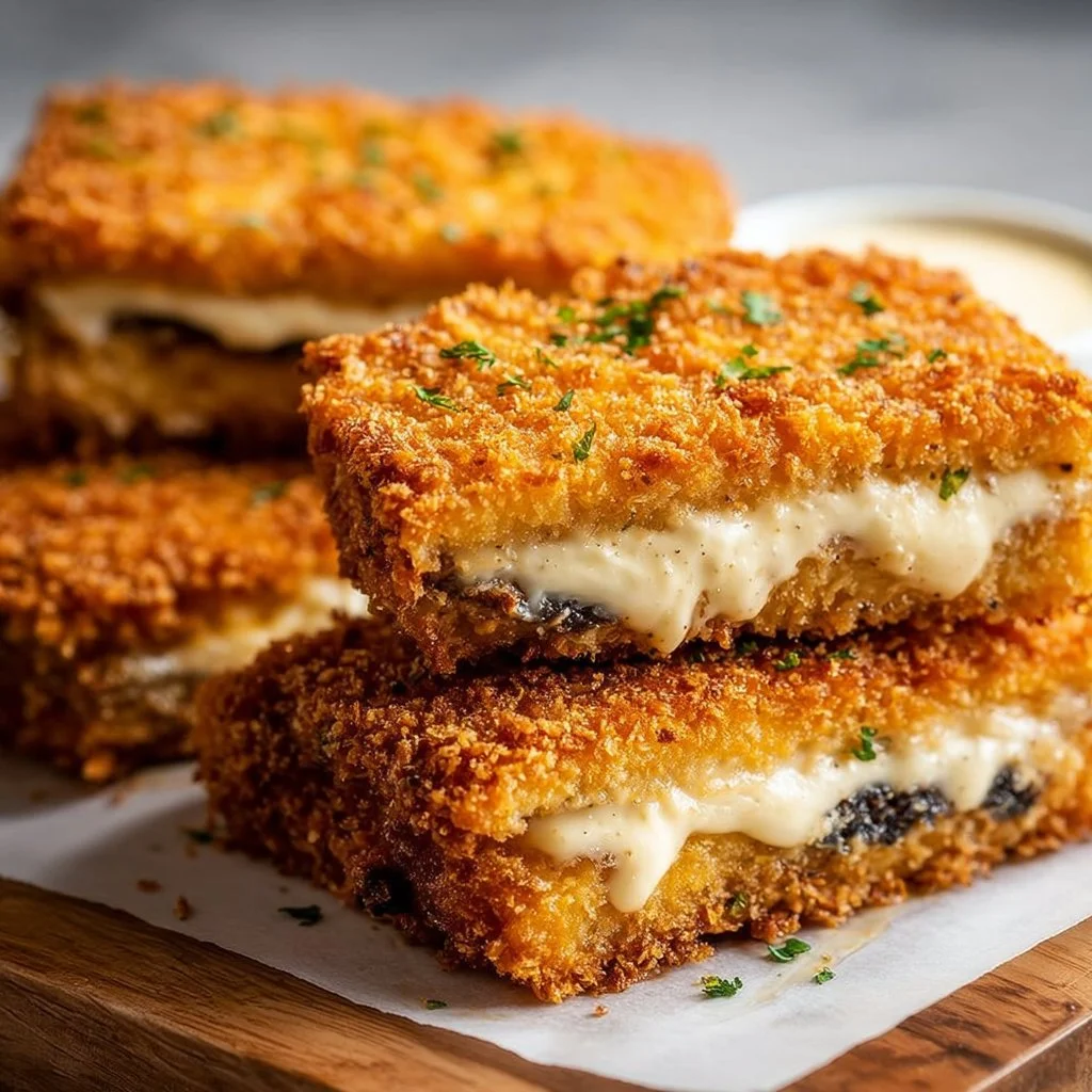 Vegan Cordon Bleu on a plate with herbs and lemon garnish