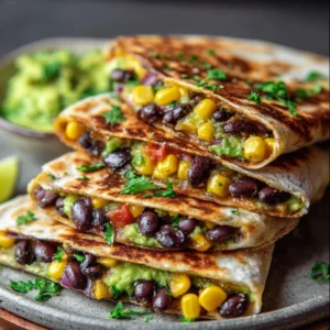 Vegan quesadillas with black beans and fresh avocado served on a plate