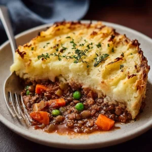 A delicious Vegan Shepherd's Pie served in a rustic dish, showcasing its colorful fillings.