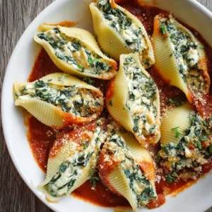 Plate of vegan stuffed shells with creamy filling and tomato sauce