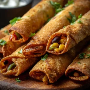Plate of crispy vegan taquitos with fresh toppings
