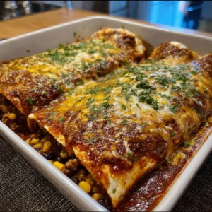 Vegetarian black bean enchiladas topped with cheese and fresh herbs