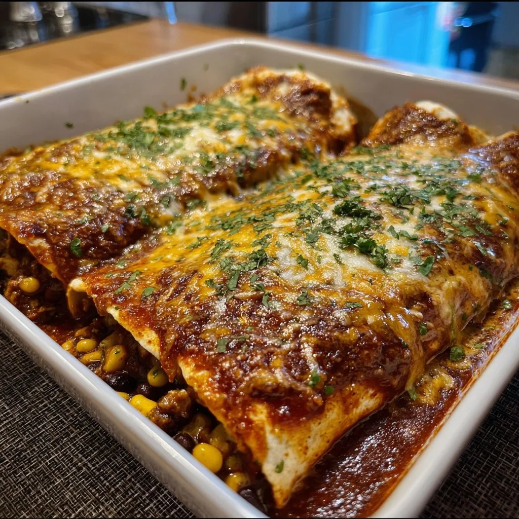 Vegetarian black bean enchiladas topped with cheese and fresh herbs
