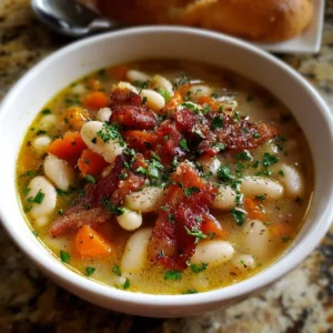 Bowl of white bean soup with crispy bacon and fresh herbs