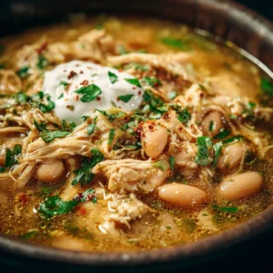 Bowl of creamy white chicken chili topped with cilantro and jalapeños