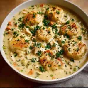Delicious 30-minute chicken and dumplings with biscuits ready to serve.