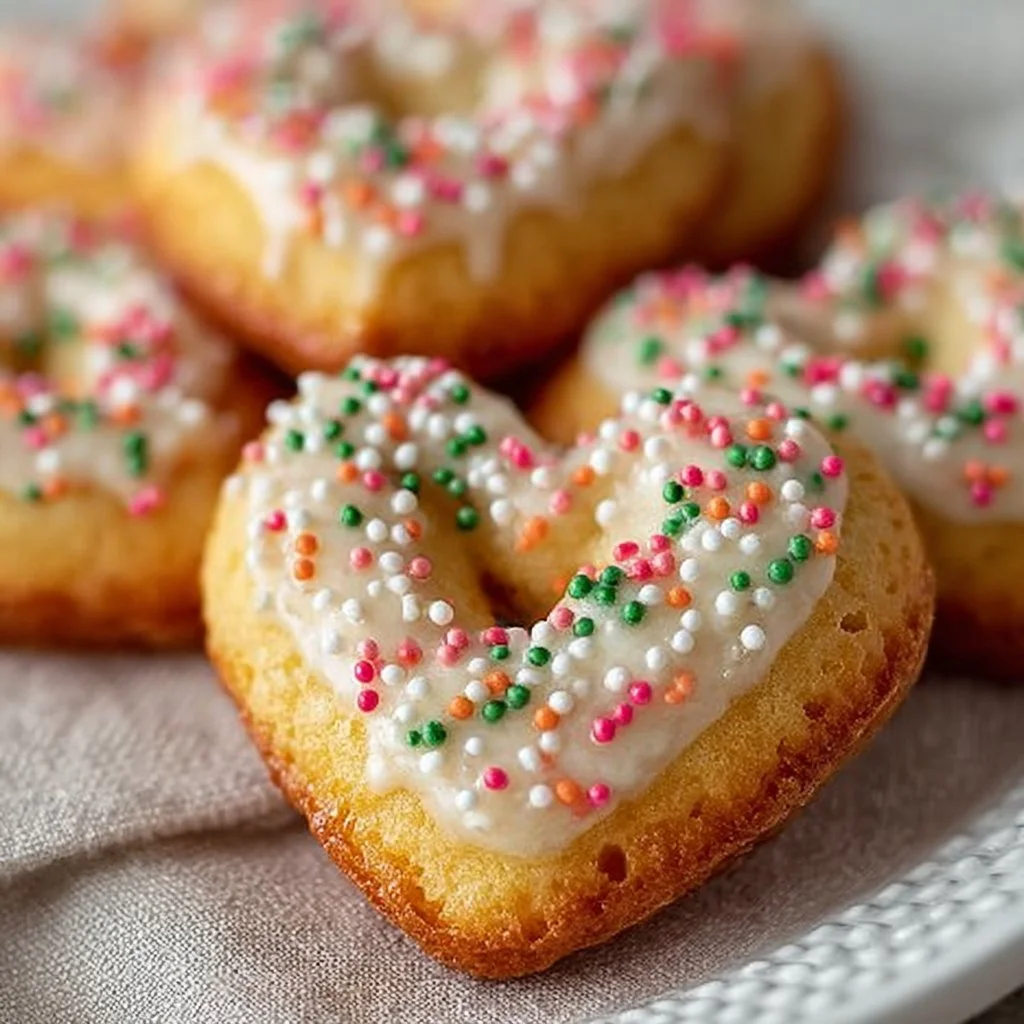 Air fryer heart-shaped donuts fresh out of the fryer, topped with icing and sprinkles.