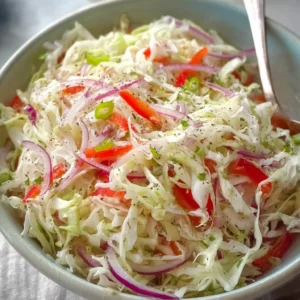 Bowl of Apple Cider Vinegar Coleslaw garnished with fresh herbs
