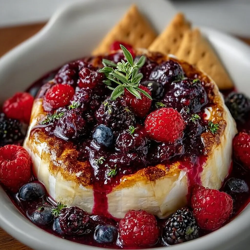 Delicious baked brie cheese topped with berry compote on a serving platter.