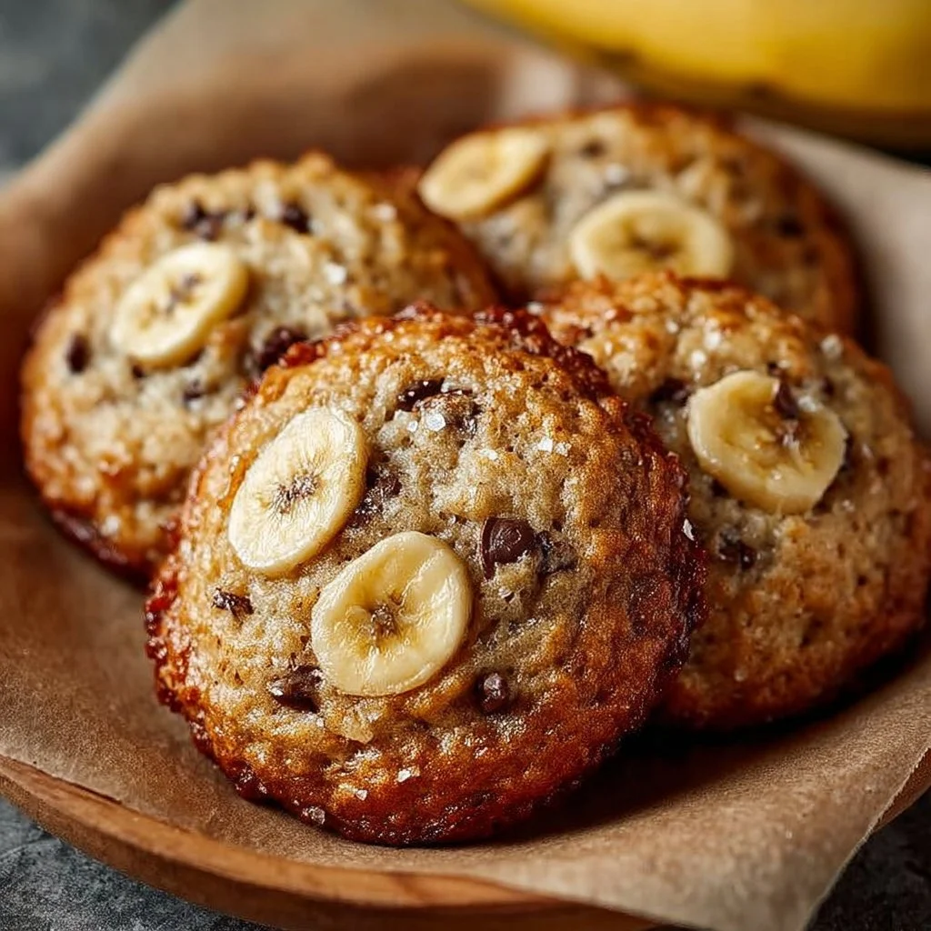 Delicious banana bread cookies fresh out of the oven, topped with chocolate chips.
