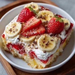 Delicious Banana Split Dump Cake dessert topped with whipped cream and cherries.