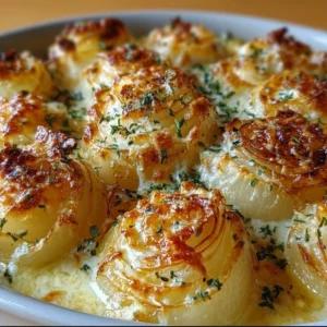 Delicious creamed onions served as a side dish from Barefoot Contessa recipe.