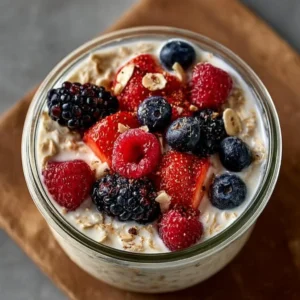 Delicious bowl of berry vanilla overnight oats topped with fresh berries
