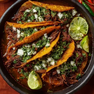 Delicious Birria Tacos served with broth and garnished with onions and cilantro