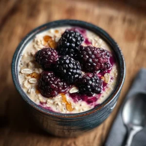 Delicious blackberry pie overnight oats in a jar, topped with fresh blackberries.