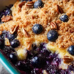 Delicious blueberry crunch dump cake topped with crunchy oats and blueberries