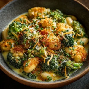 Plate of Broccoli Cheddar Beans topped with crispy cheddar panko crumbs